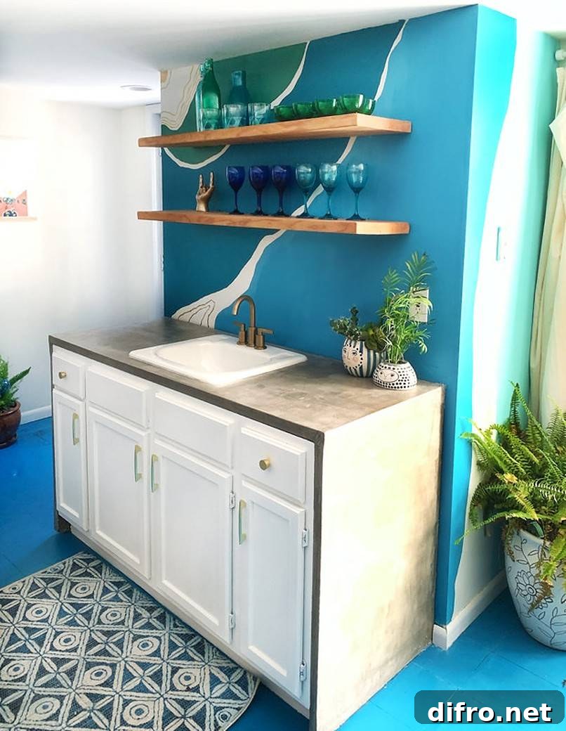 Wine glasses on open shelves above sink