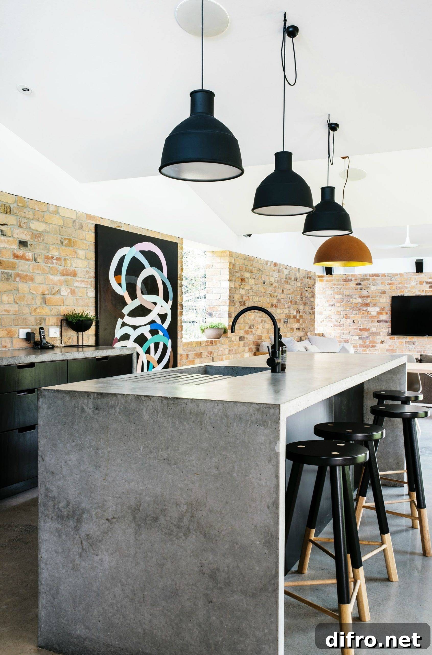 Large lamps over kitchen counter with sink