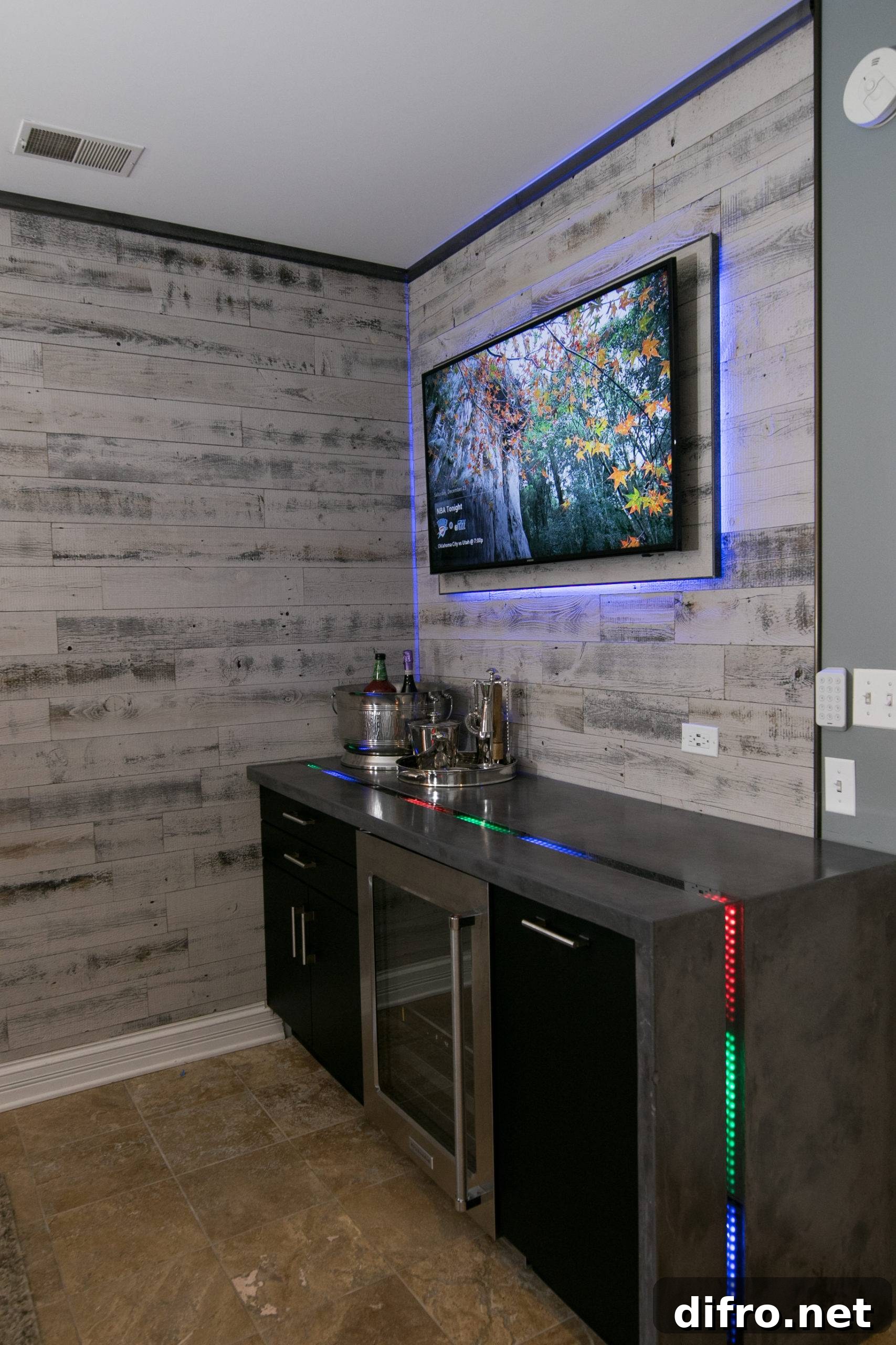 Large screen on wall and counter top with lights