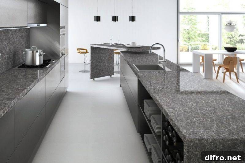 Gray kitchen interior with wooden chairs and white table