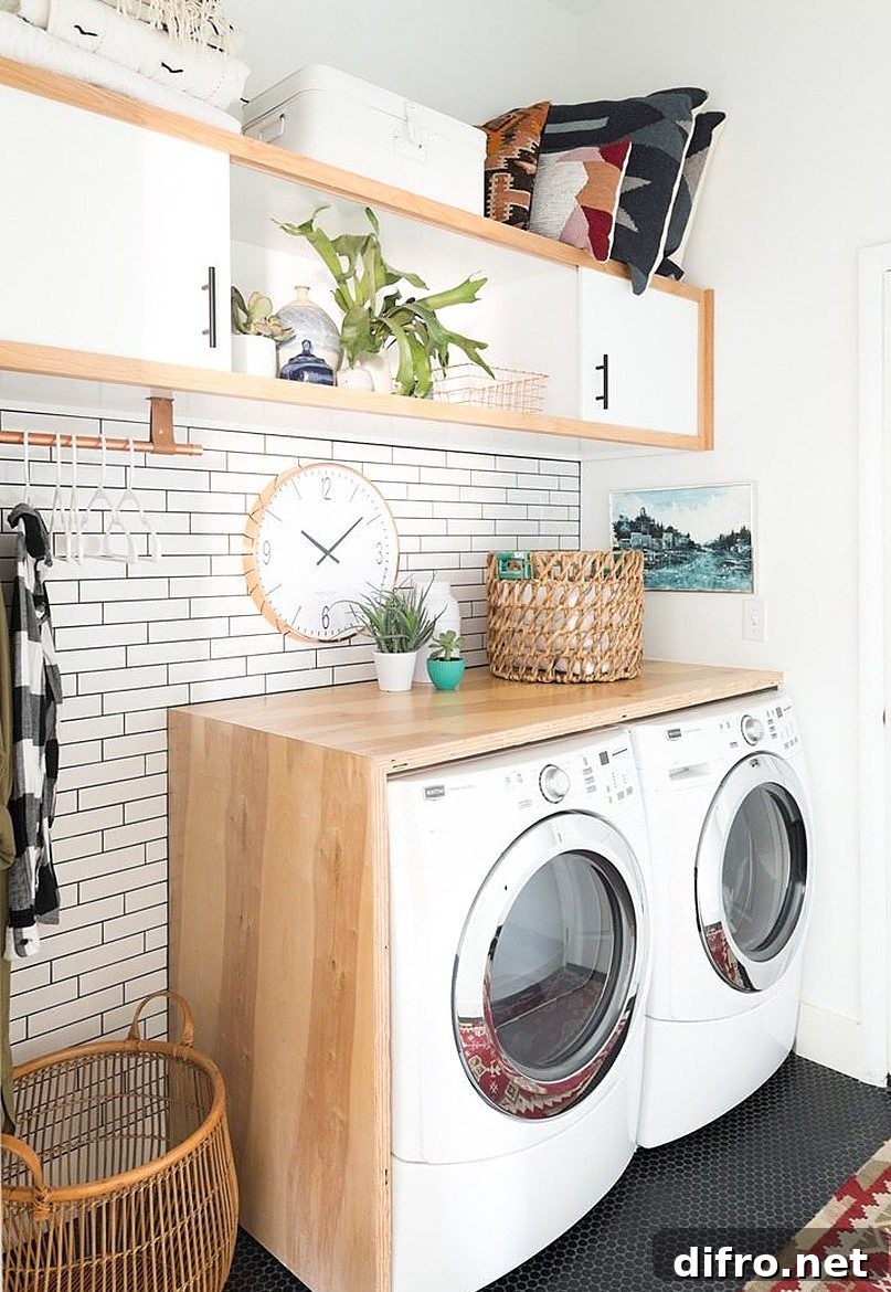 Brown basket and wall clock on top of washer and dryer