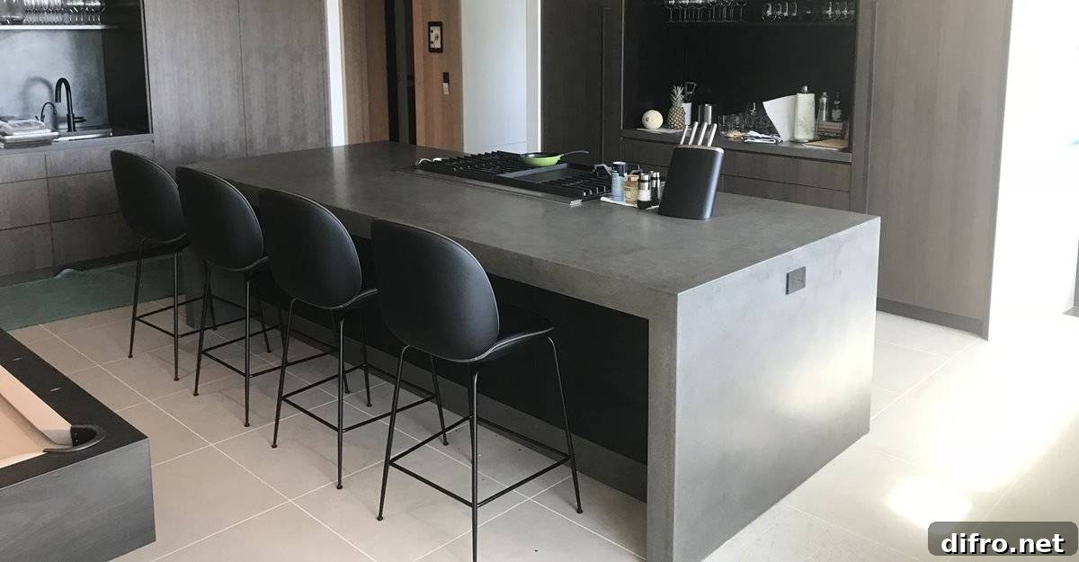 Sleek black kitchen counter with black accent chairs