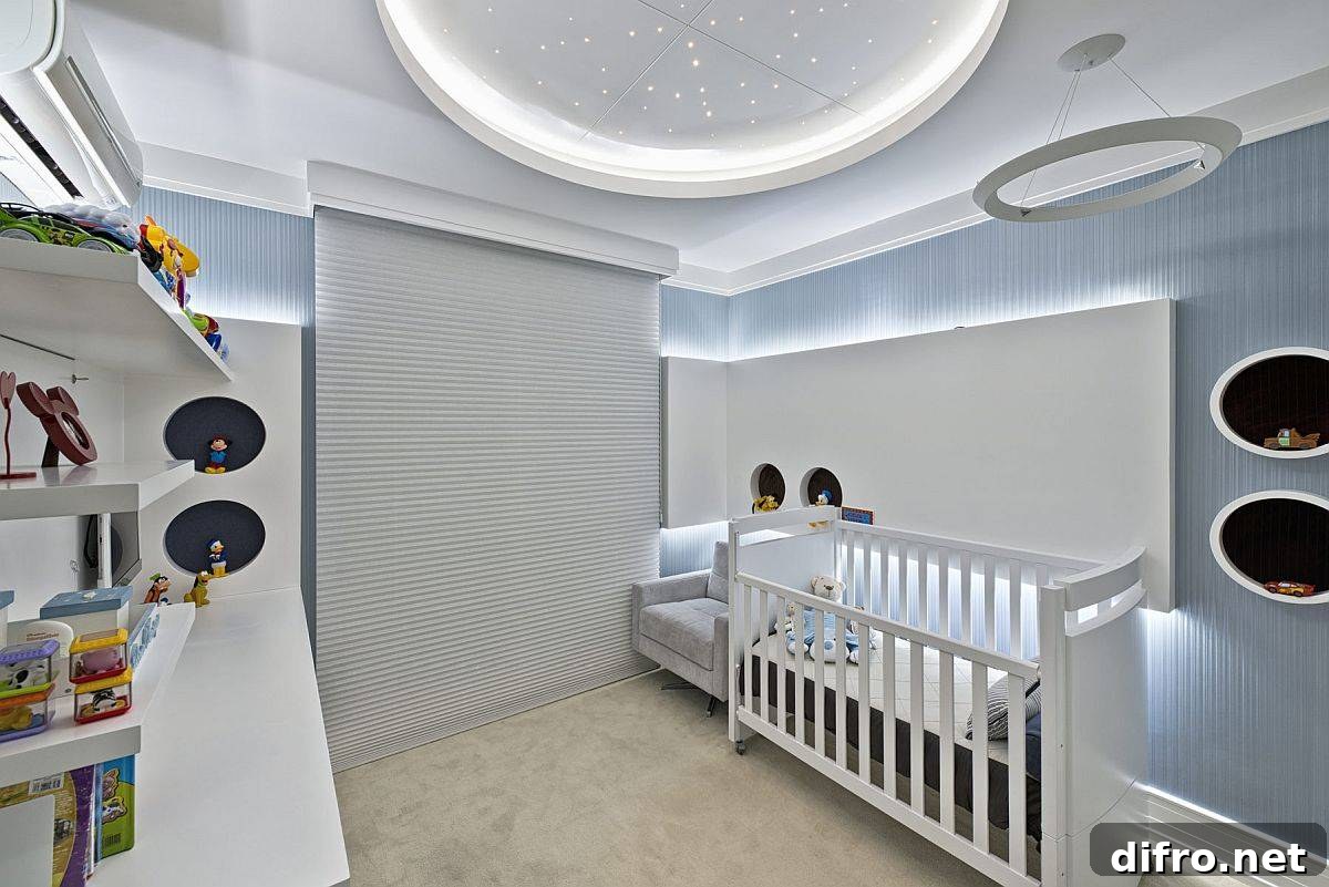 Gorgeous baby boy room in blue and white with lovely lighting and star-studded ceiling design