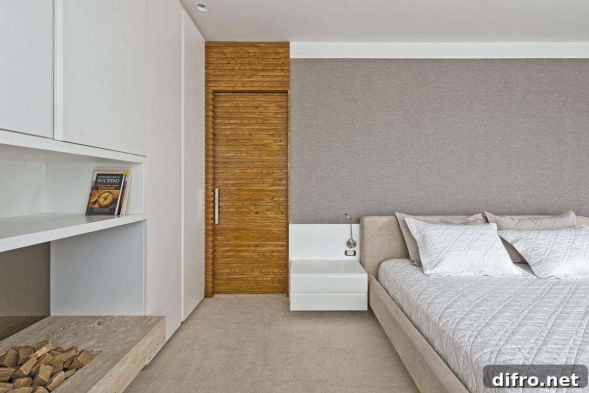 Grasscloth wallpaper in brown for the gorgeous modern bedroom in white with fireplace