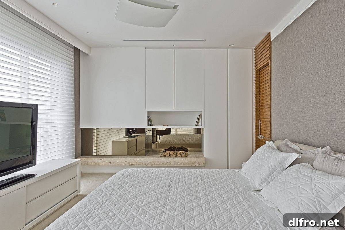 Bedroom of the apartment in white and light brown with TV and entertainment unit