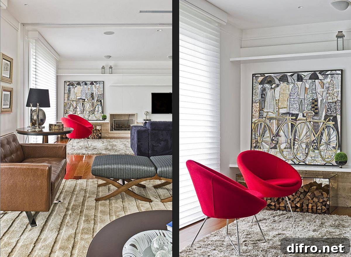 Stylish and sophisticated interior of the Bronze Apartment with pops of bright red brought in by the chair