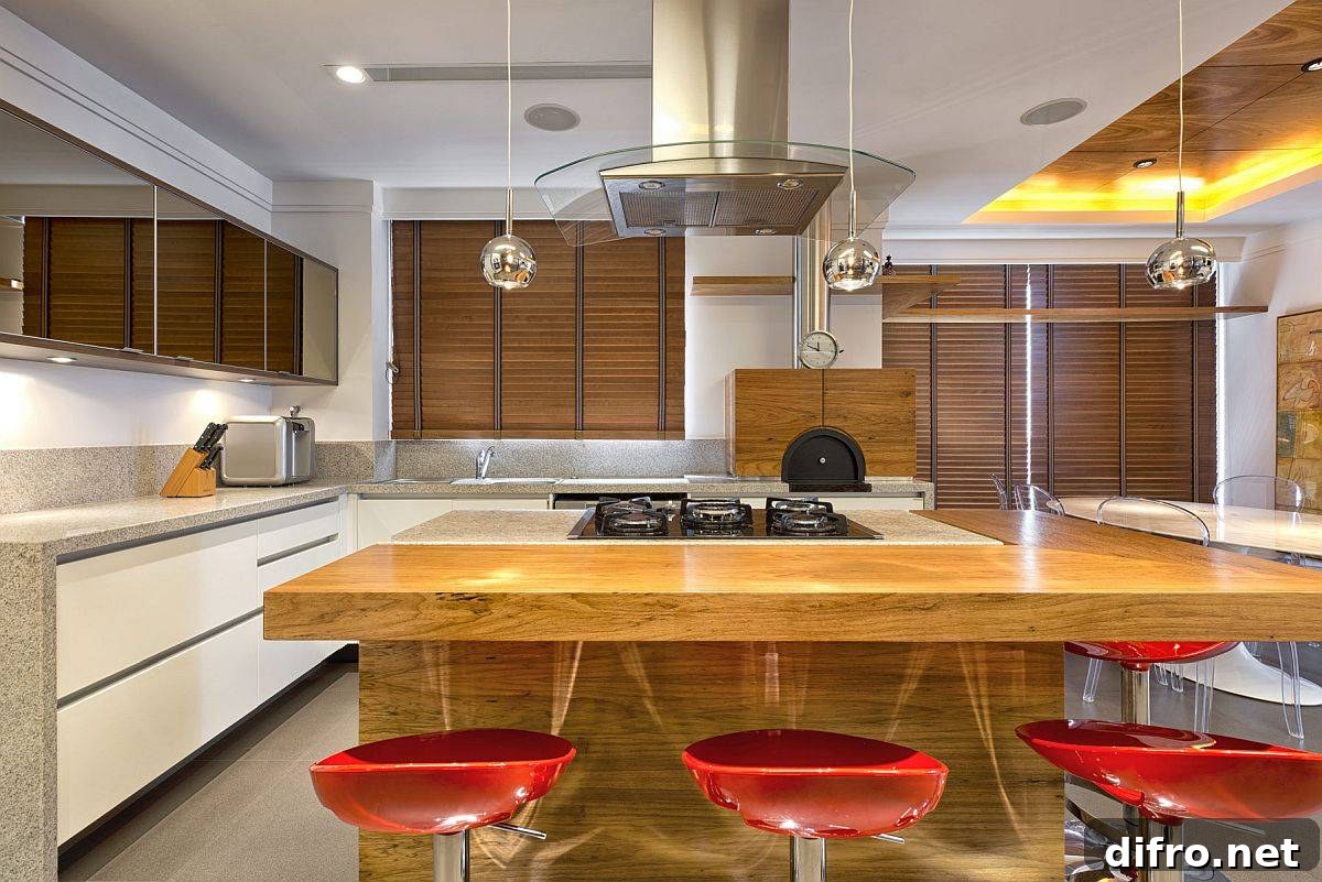 Modern kitchen in white with stone countertops and wooden counters along bright red bar stools