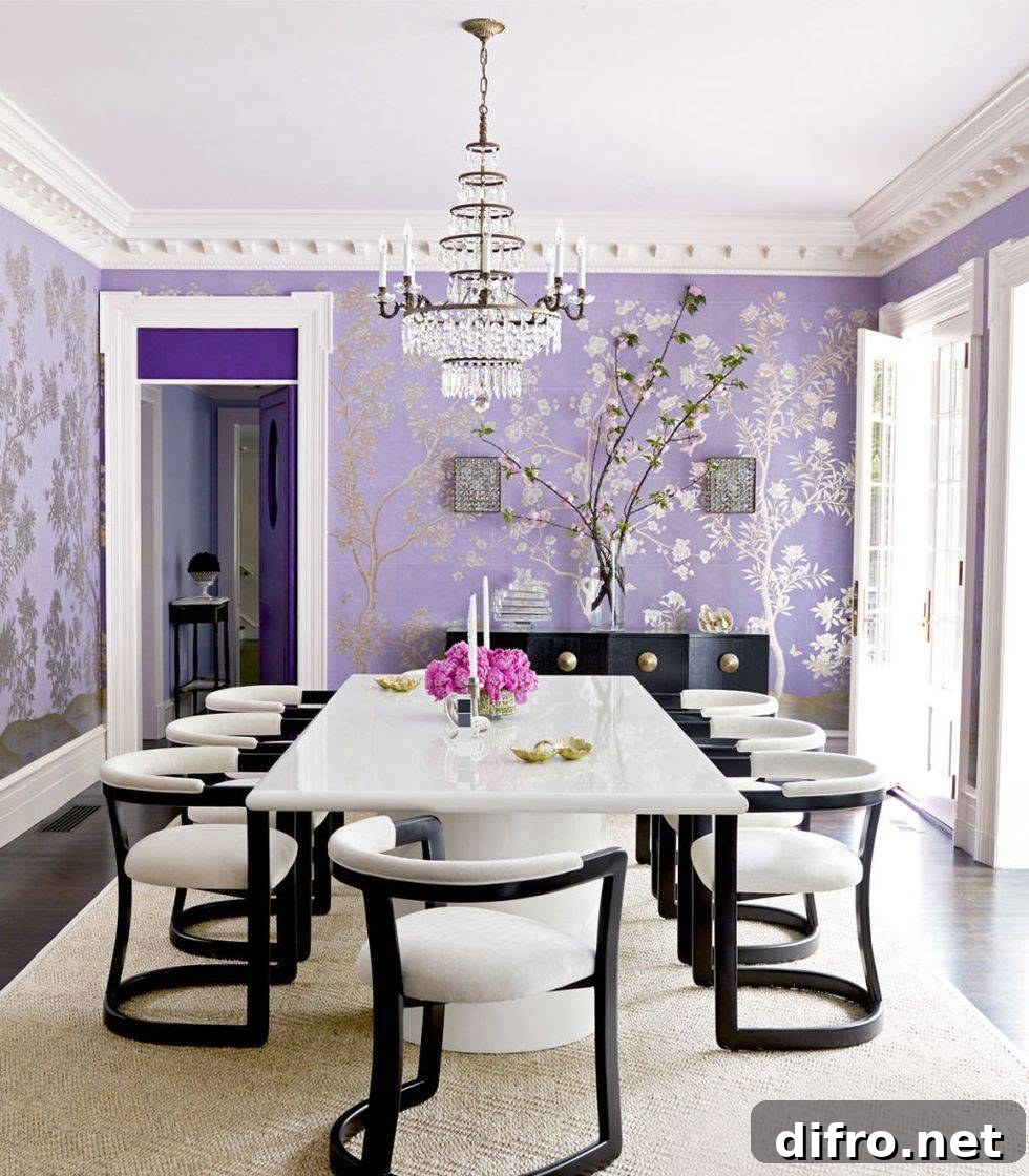 Dining room with floral lavender wallpaper