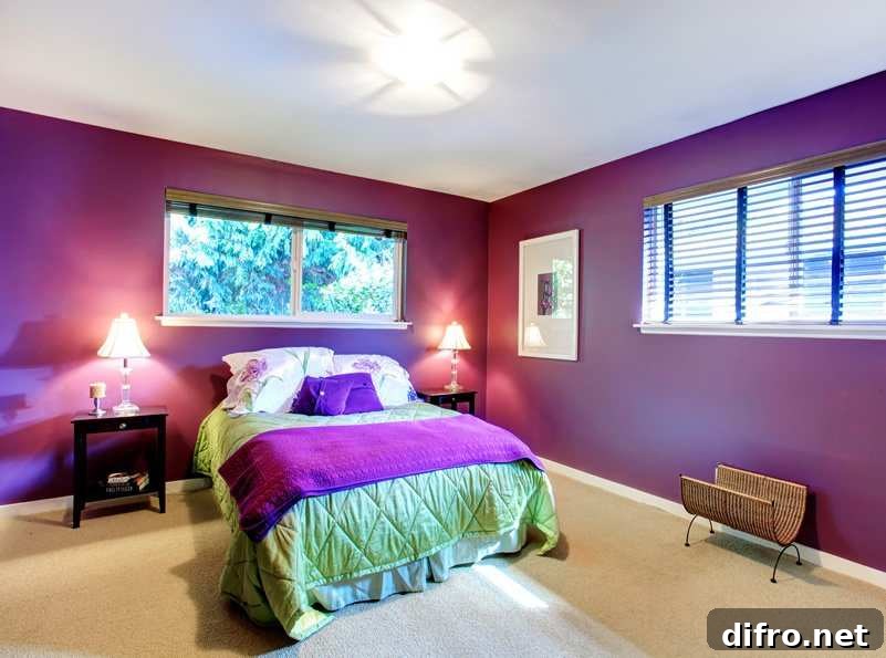 Bed with green and purple covers