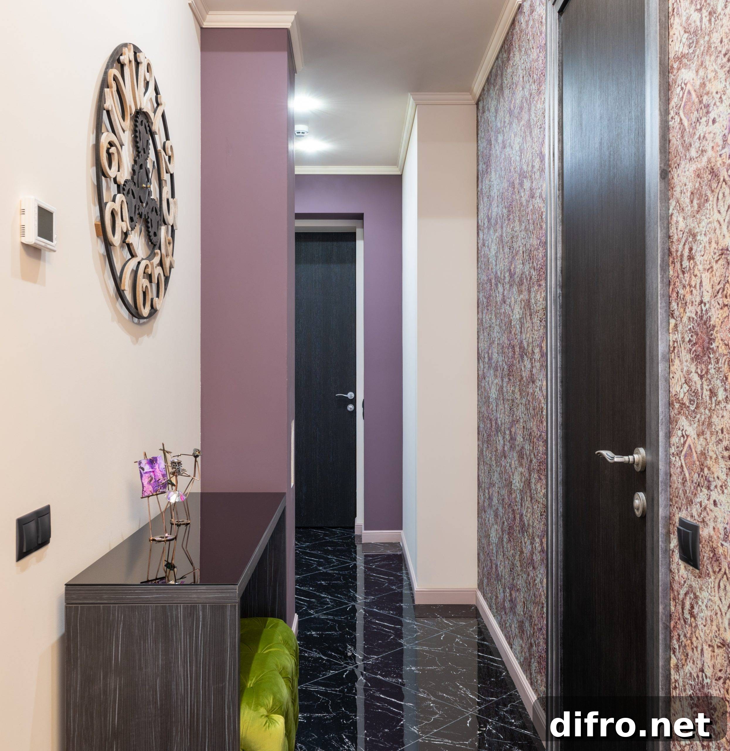Hallway with lavender walls and huge round clock