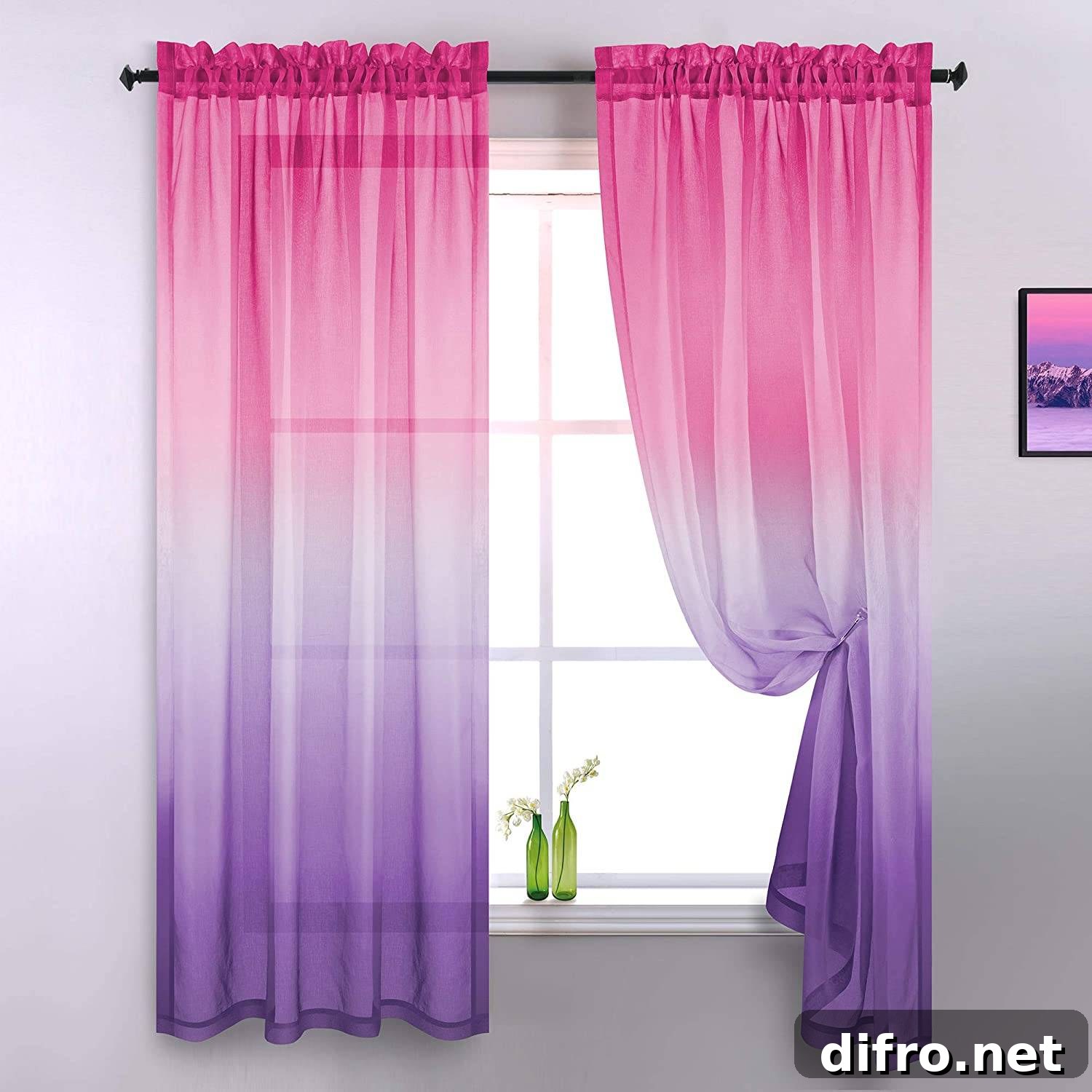 Green bottles with flowers on window having pink and purple curtain