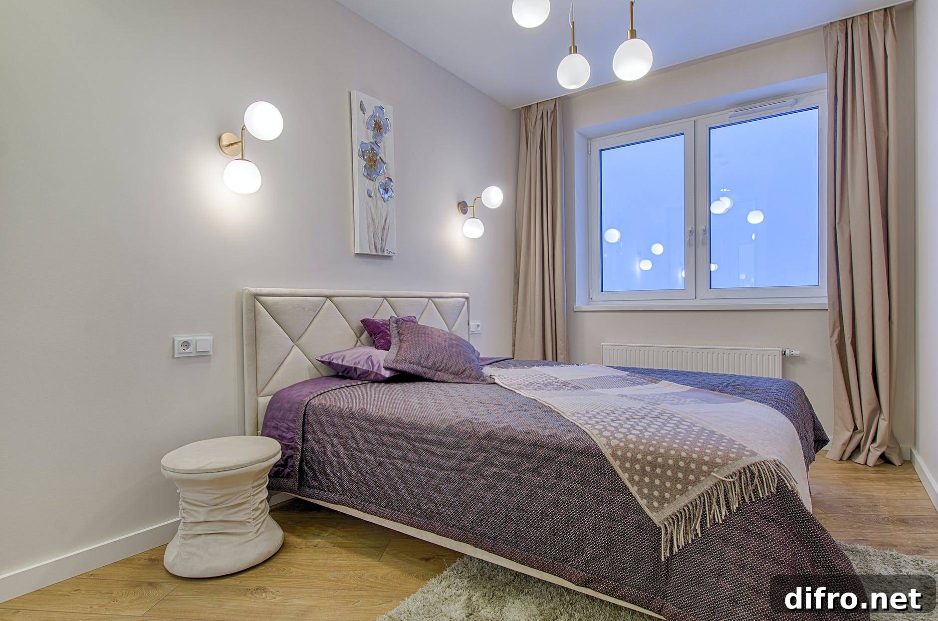 Bed with purple sheets and cushions