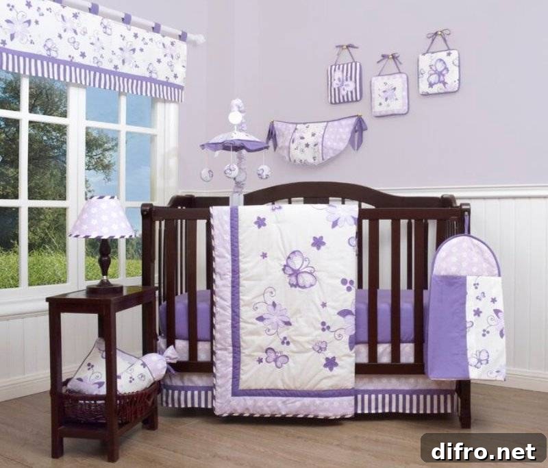 Lavender nursery room with dark brown crib and side table