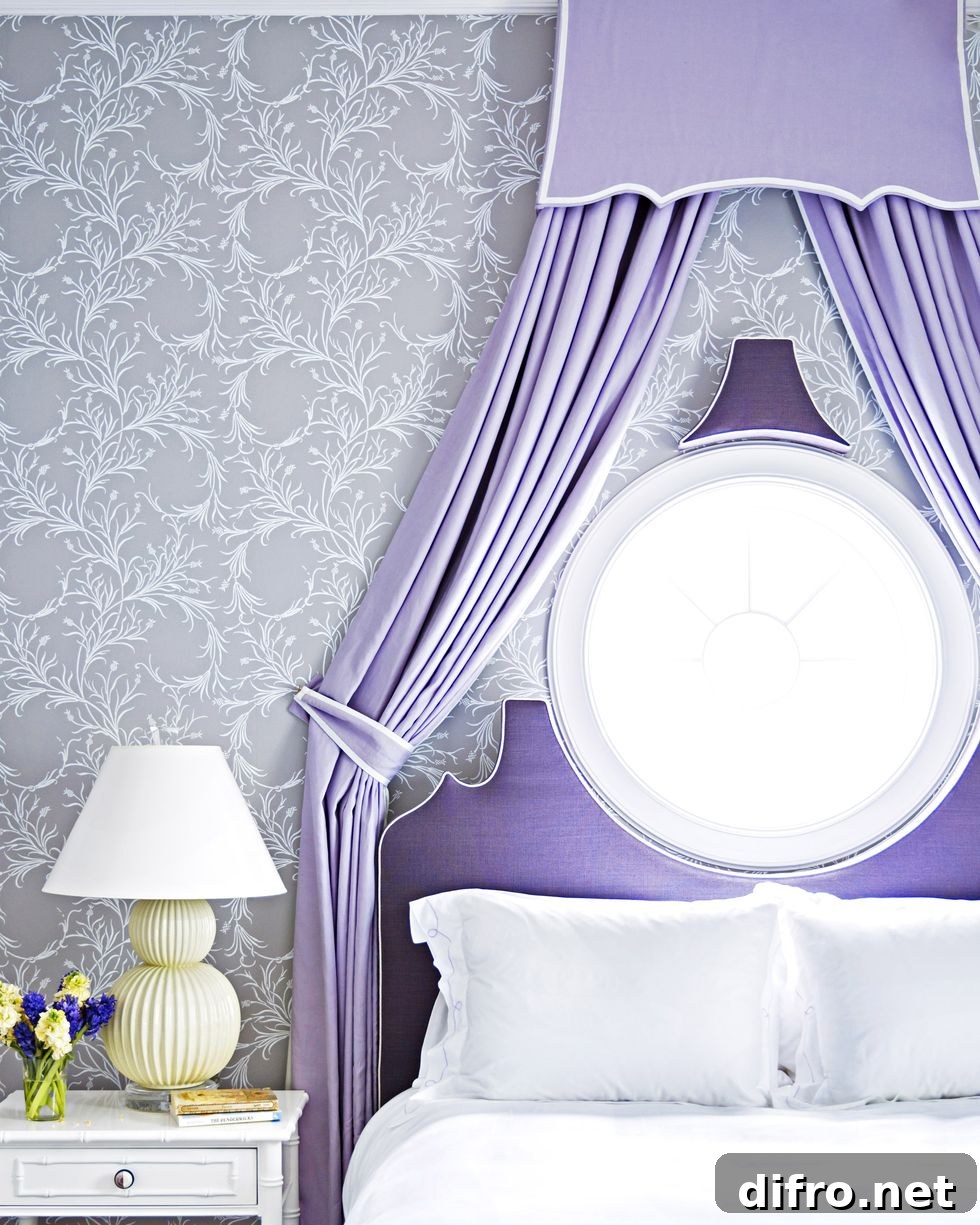 Purple bed with purple drapery