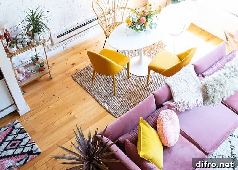 Top view of lavender sofa with cushions and coffee table with yellow chairs