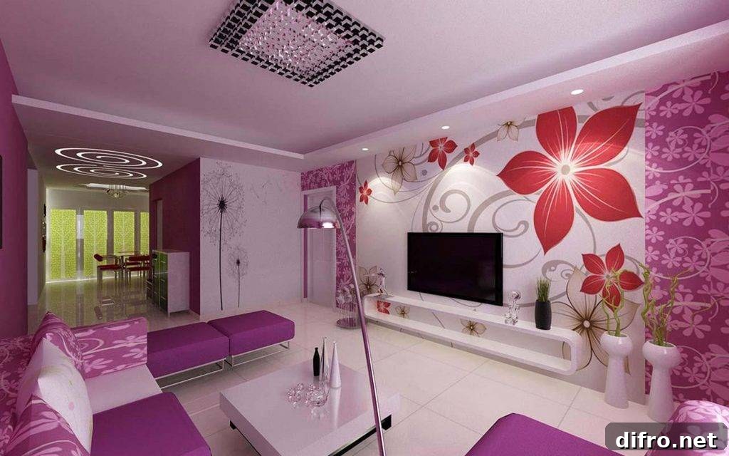 Floral wallpaper all over lavender living room