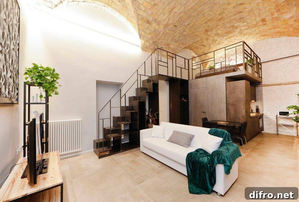 Industrial style loft apartment with black staircase