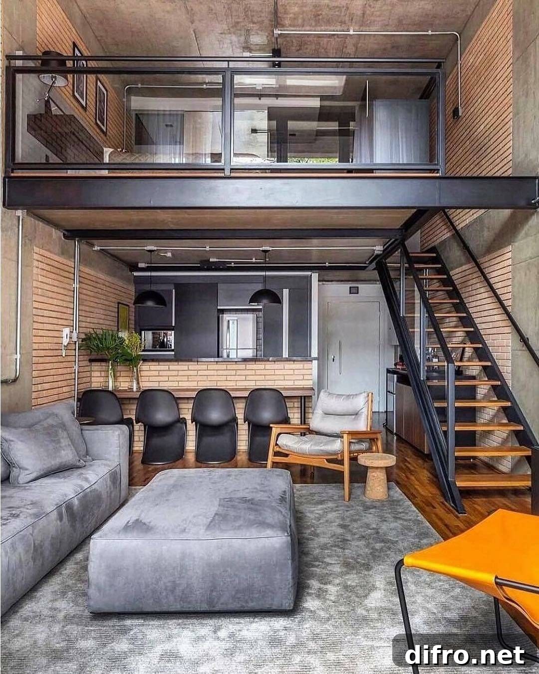 Modern loft with black metal accents and exposed brick