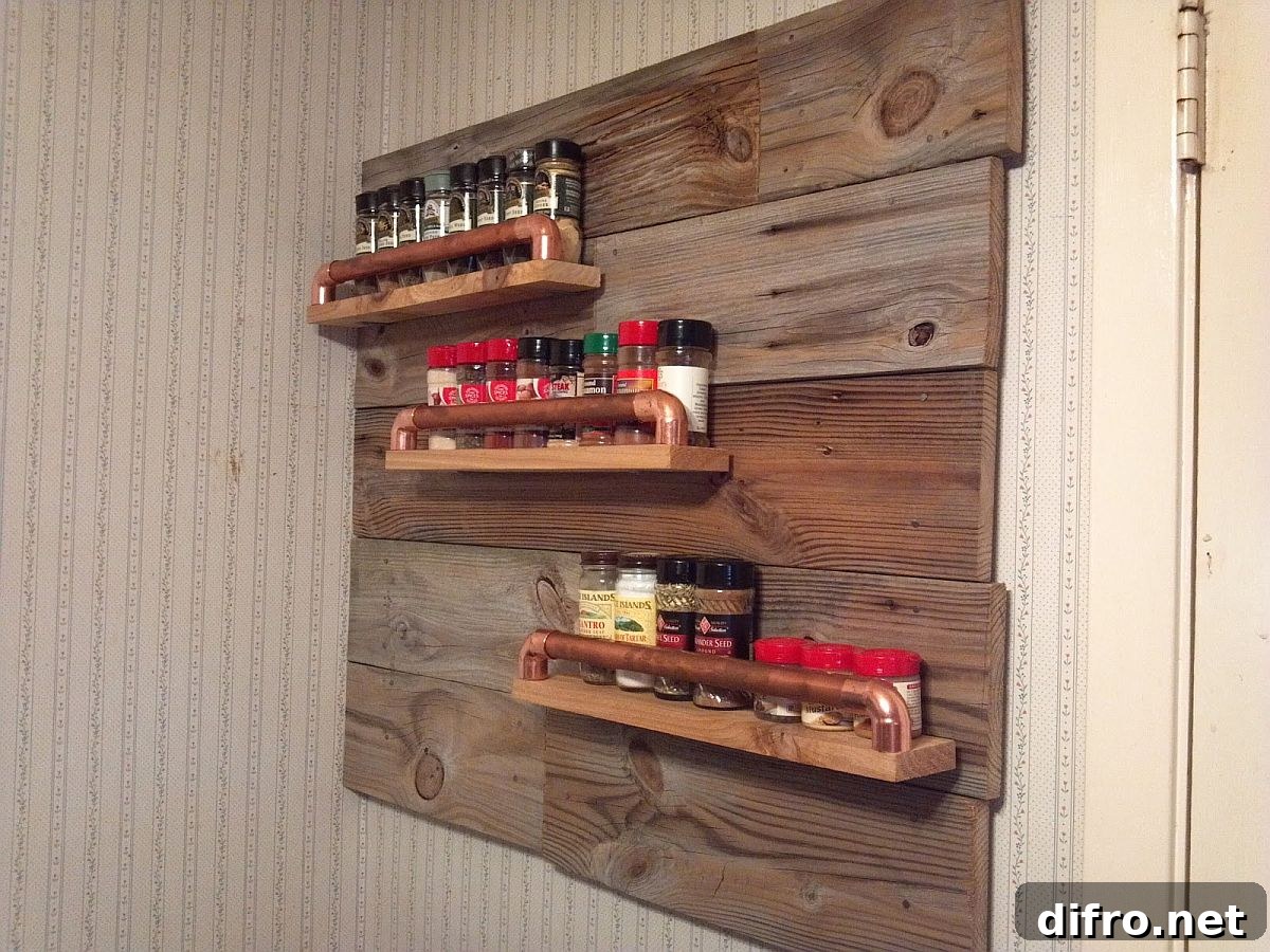 Copper and wood rustic spice rack idea