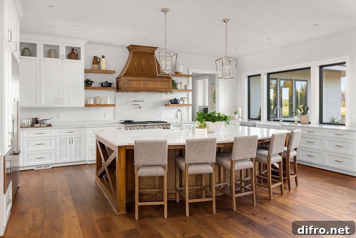 Wooden hood in white kitchen
