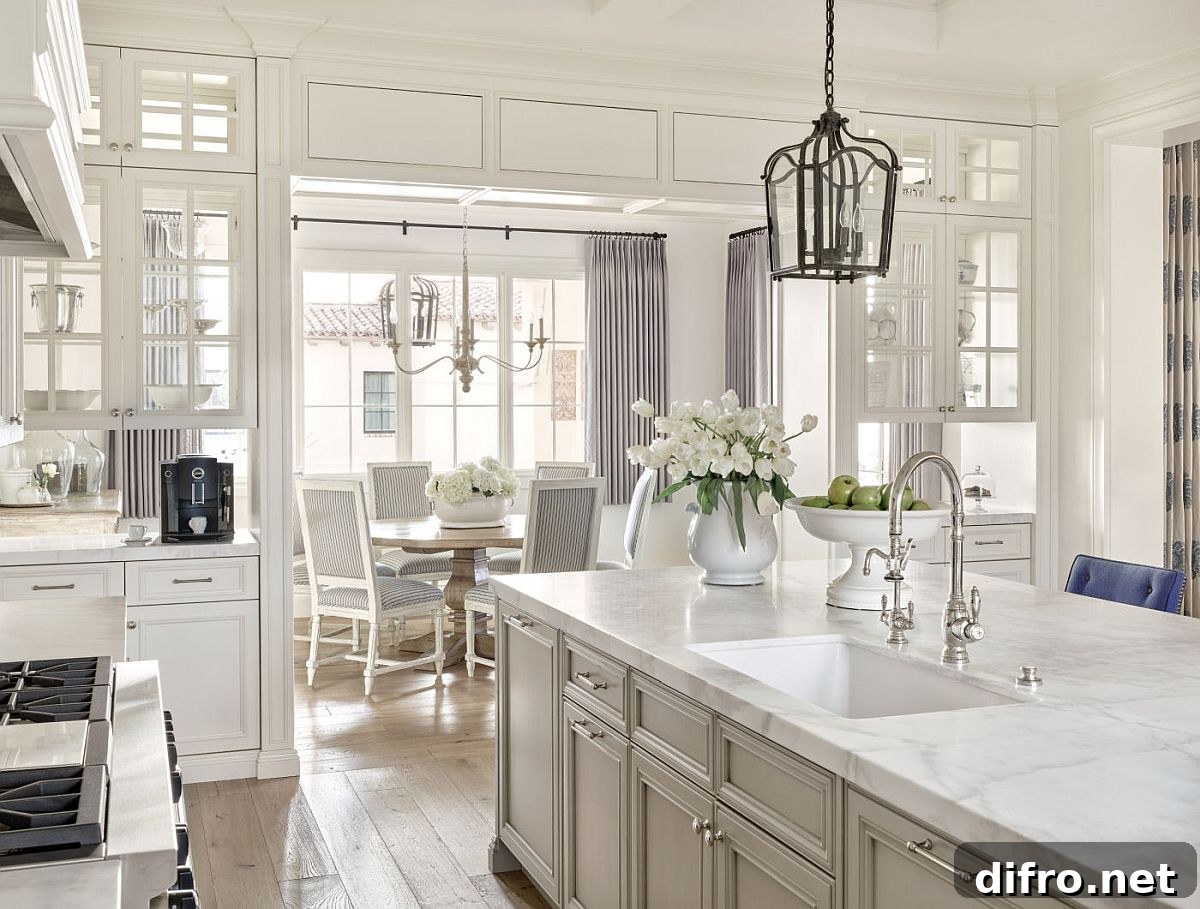 Traditional kitchen and dining in white