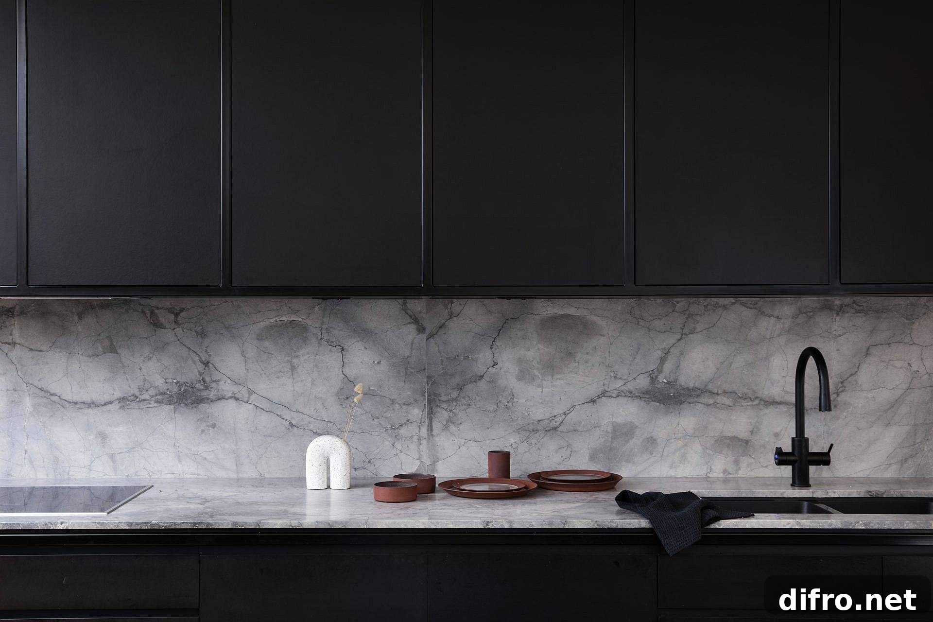Modern kitchen in black and white with dark cabinets and marble backsplash and countertops
