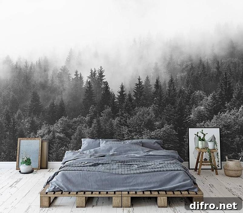 Forest art wall decal and bed with grey sheets