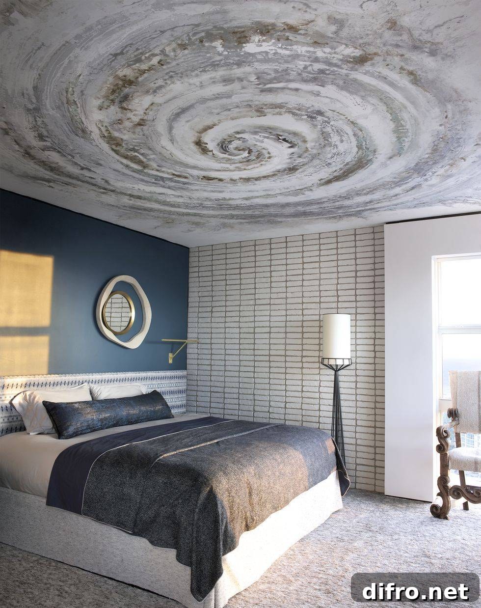 Bedroom with spiral painting on the ceiling