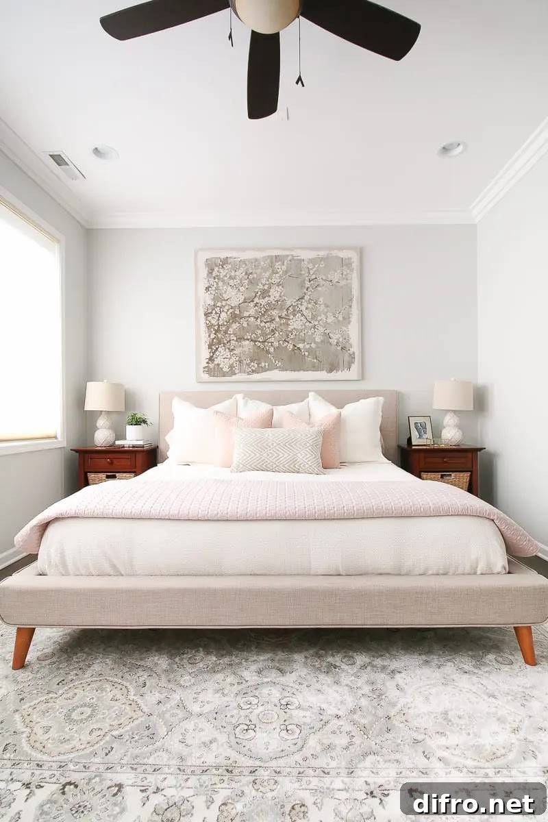 Grey painting above bed headboard