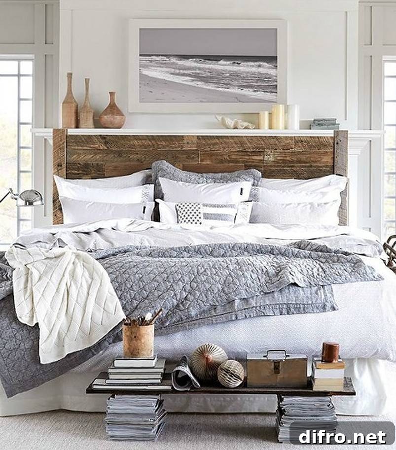 Wooden bed with grey and white sheets