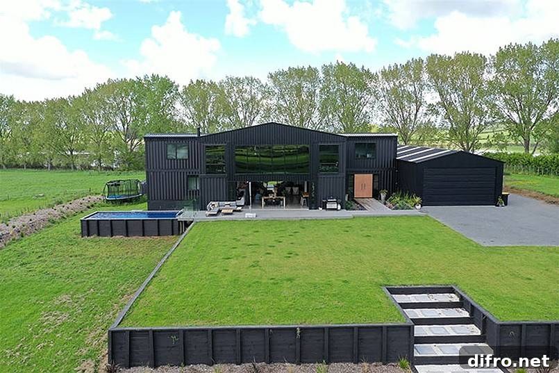 Luxury container home with pool and wide lawn