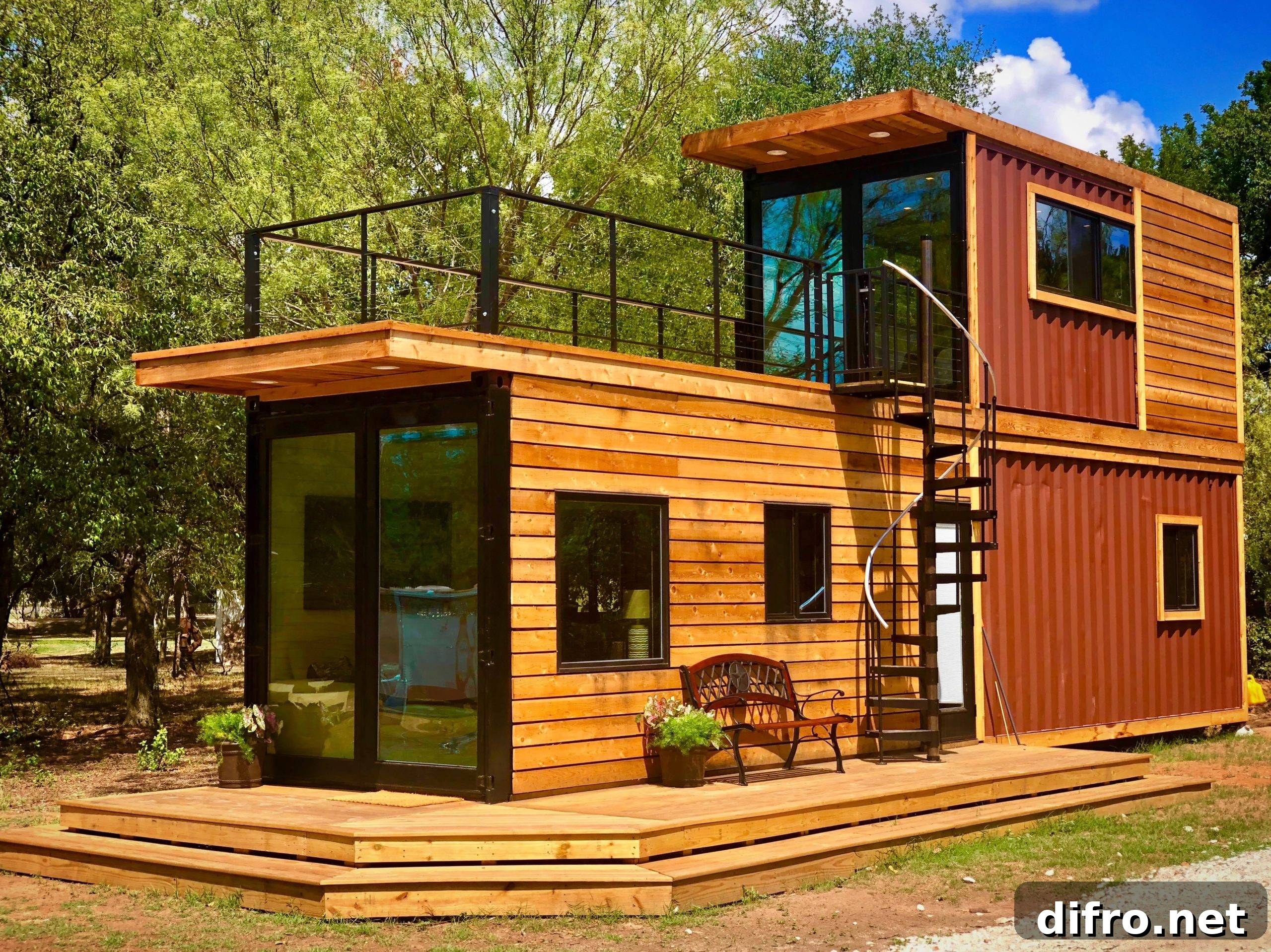 Two-story container house with spiral staircase