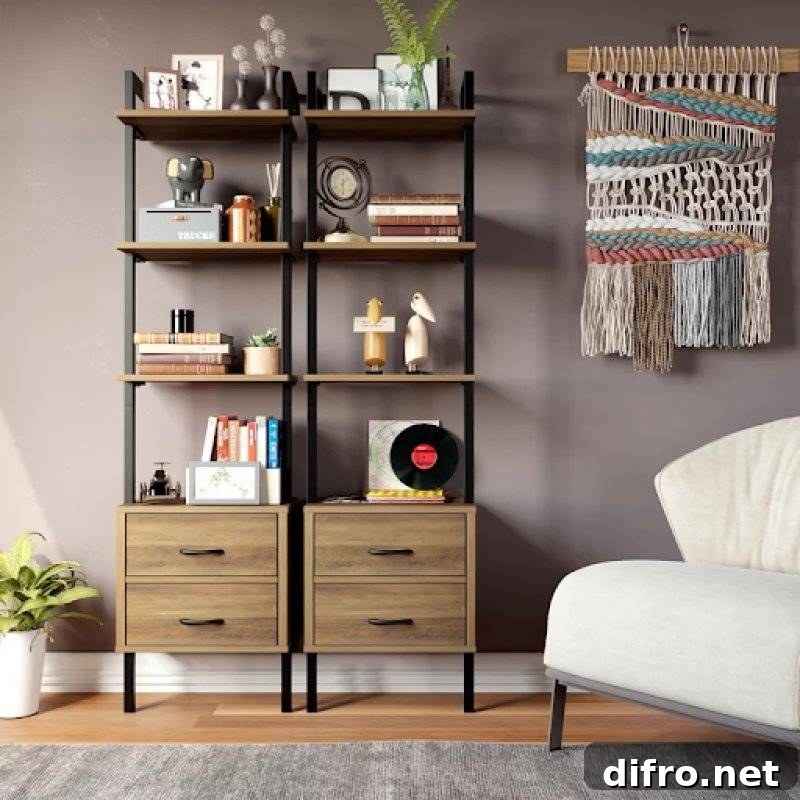 A busy shelf with personality