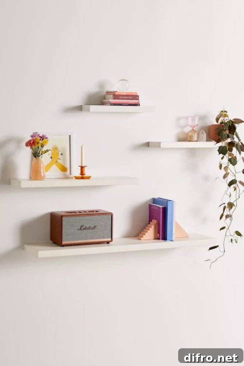 White floating bedroom shelves