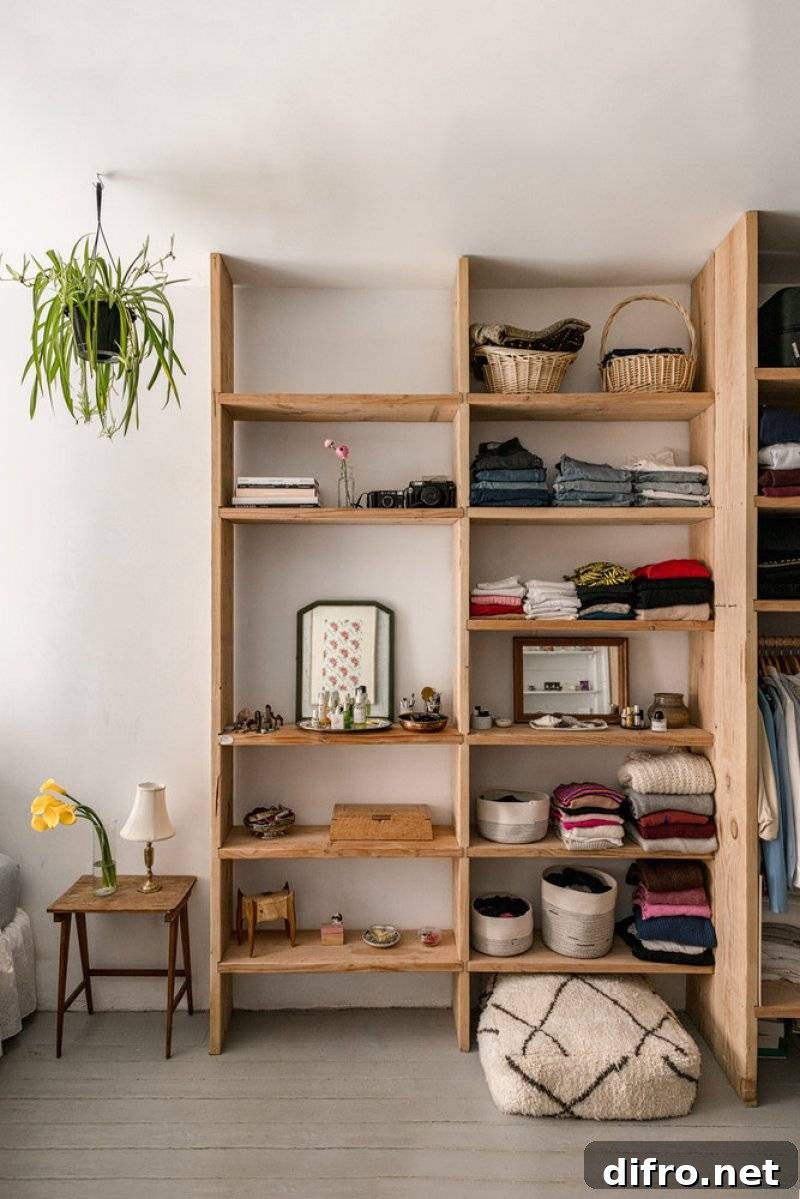 Open closet shelving with baskets and folded clothes
