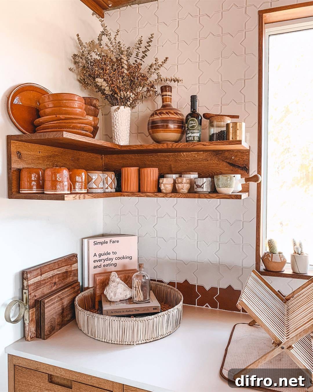Flowers on open wooden kitchen shelves