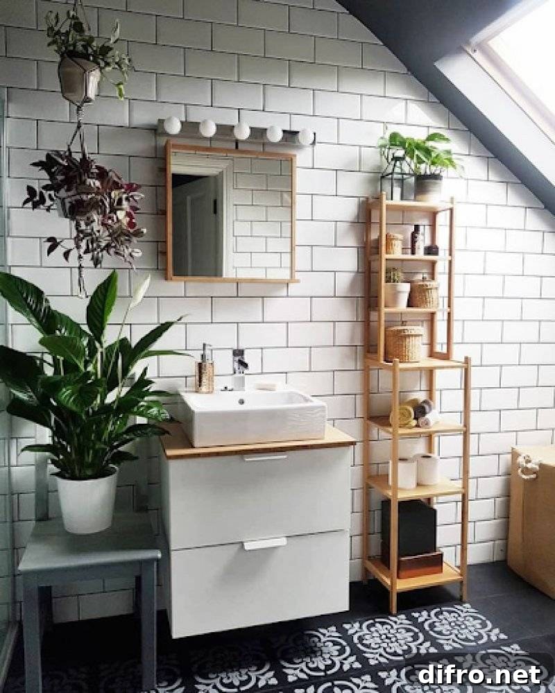 Bamboo wooden bathroom shelf with plants and essentials