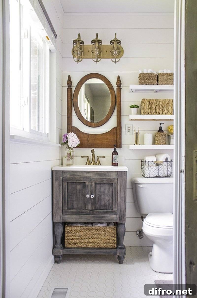 Wicker baskets on an open bathroom shelf