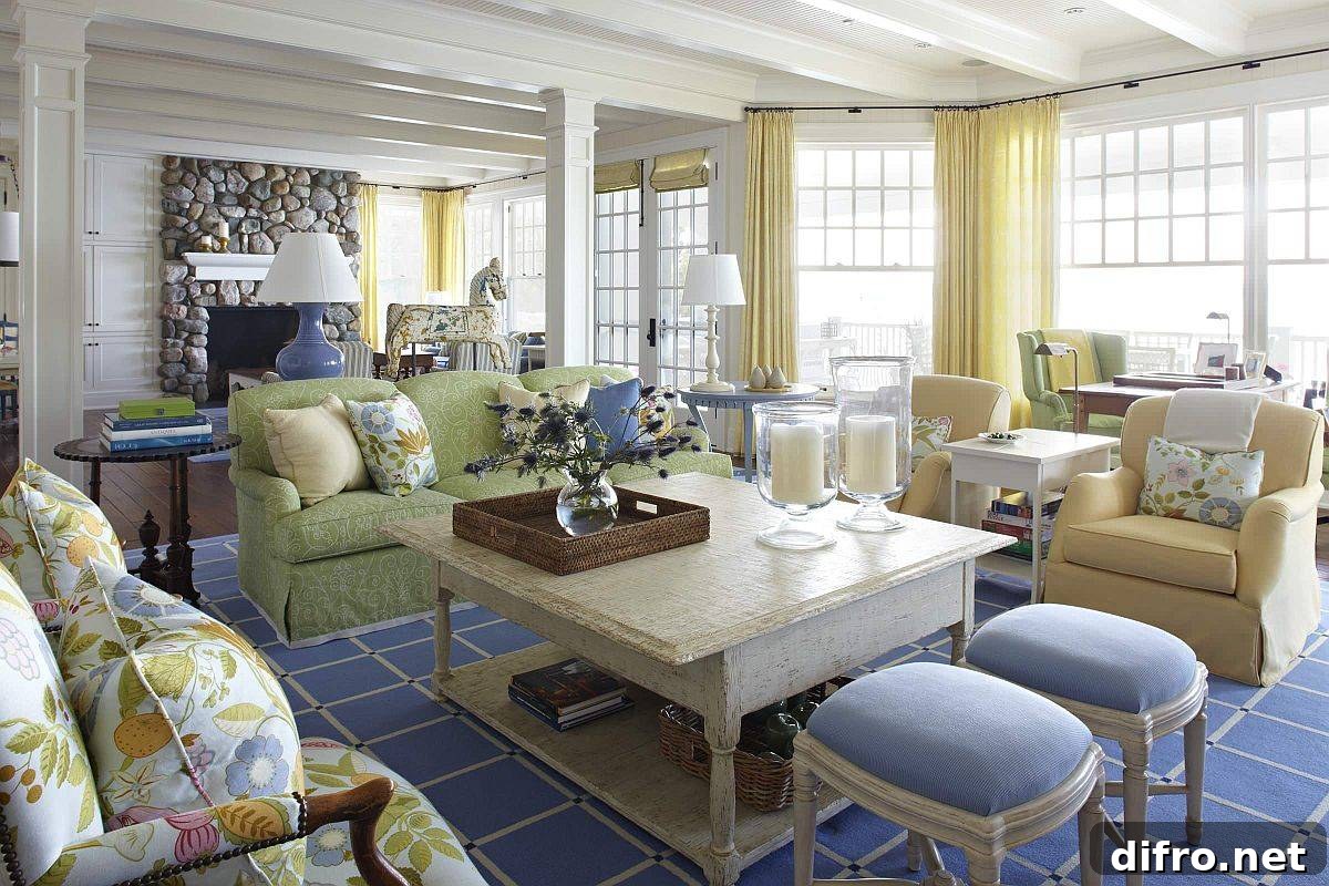 Living room with summer beach style in blue, yellow and green