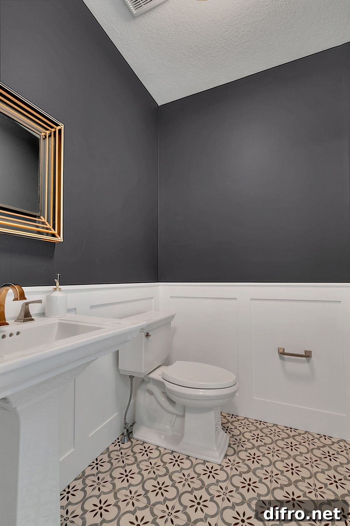 Dark gray and white bathroom with patterned tiles