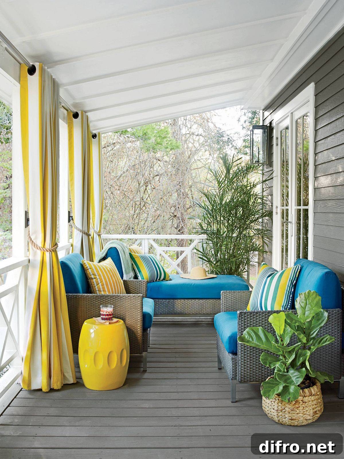 Small beach-style porch with blue and yellow accents