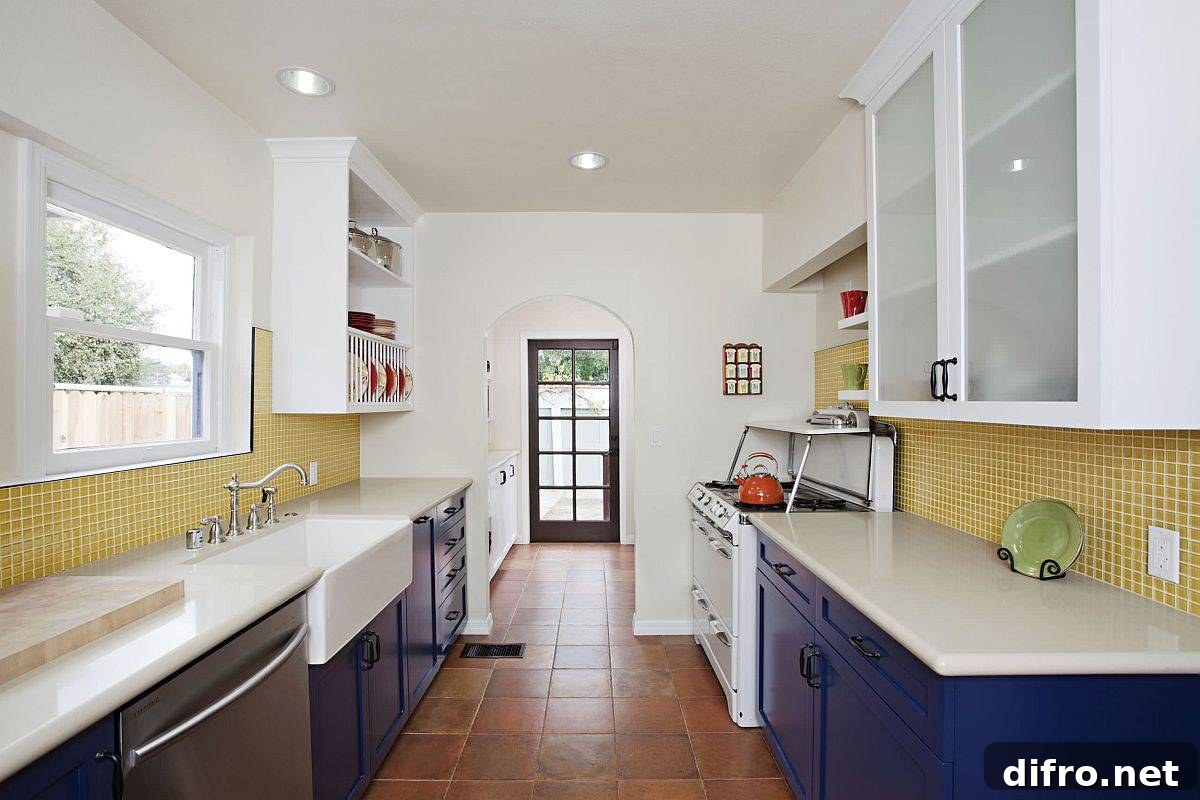 White kitchen with yellow tiled backsplash and bright blue cabinets