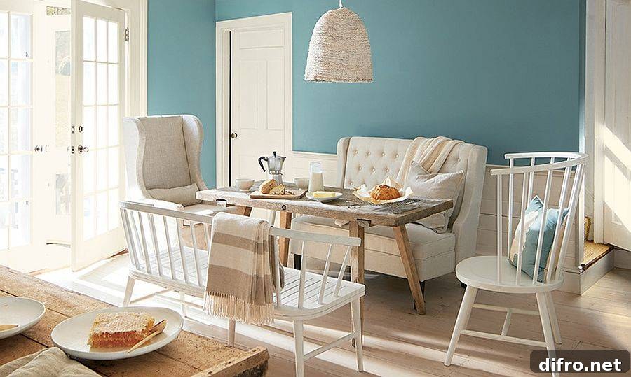 Contemporary dining room in white and Aegean Teal
