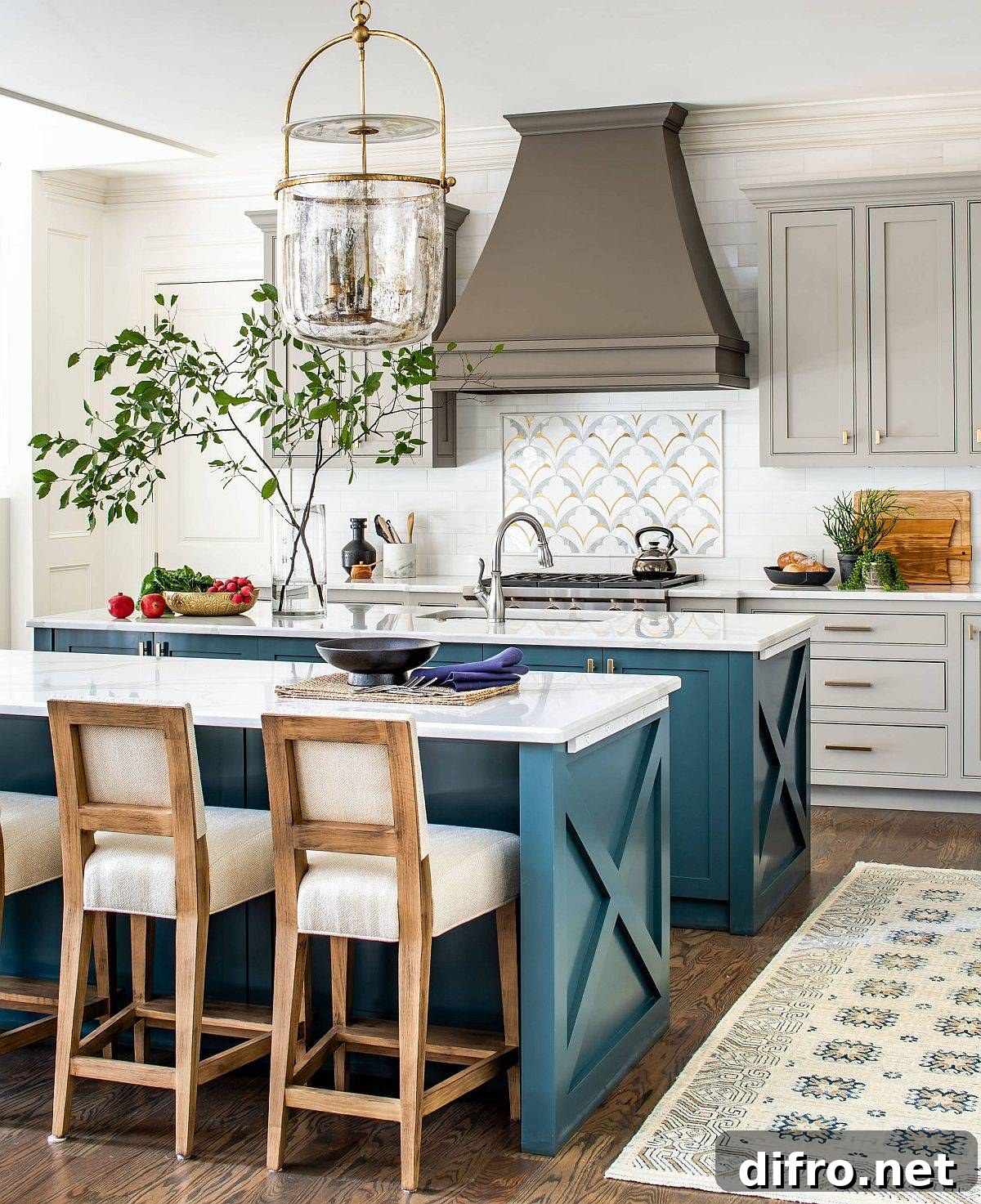 Bright modern kitchen with teal cabinets