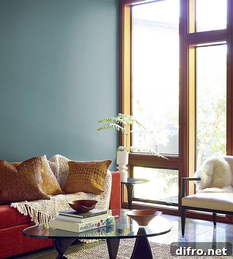 Living room with teal backdrop and bright accents