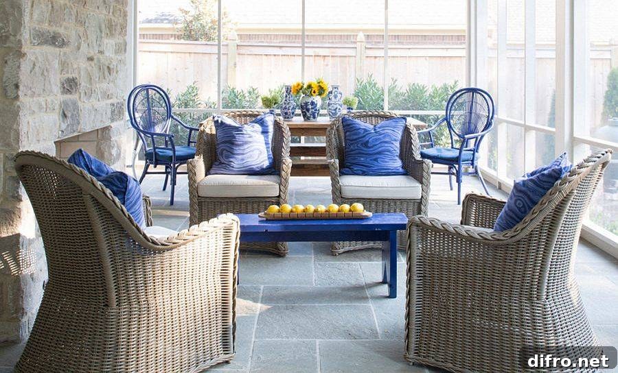 Modern shabby-chic porch with natural materials and blue accents