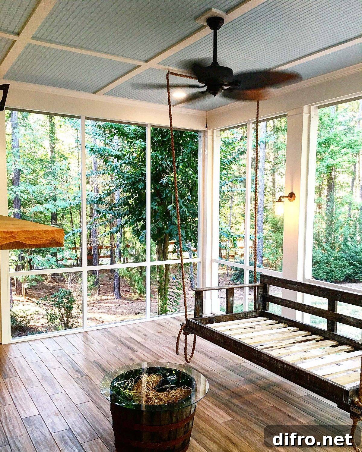 Shabby-chic porch with gray ceiling and tropical fan