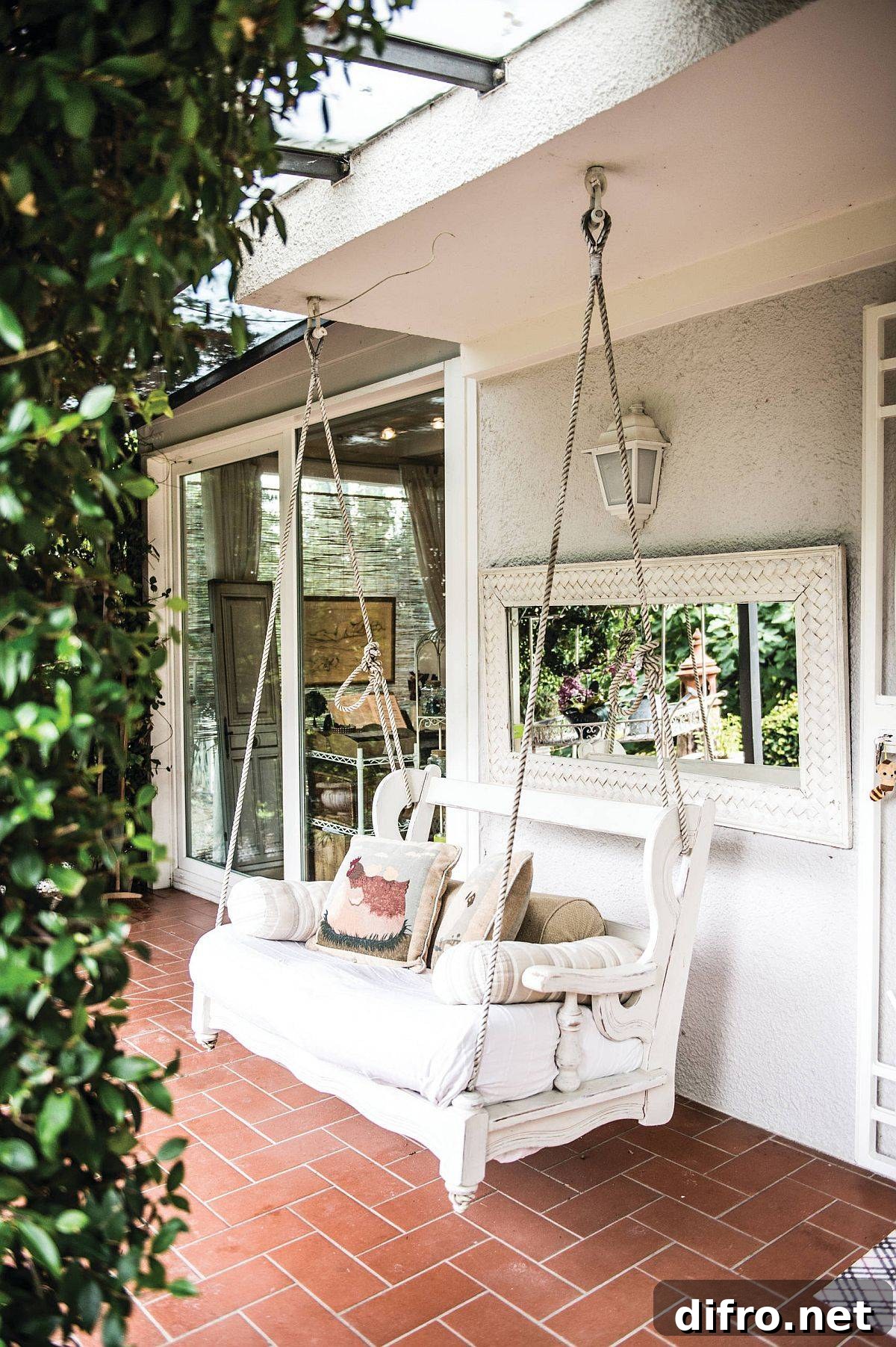 Tiny porch with swing seat and terracotta tiles