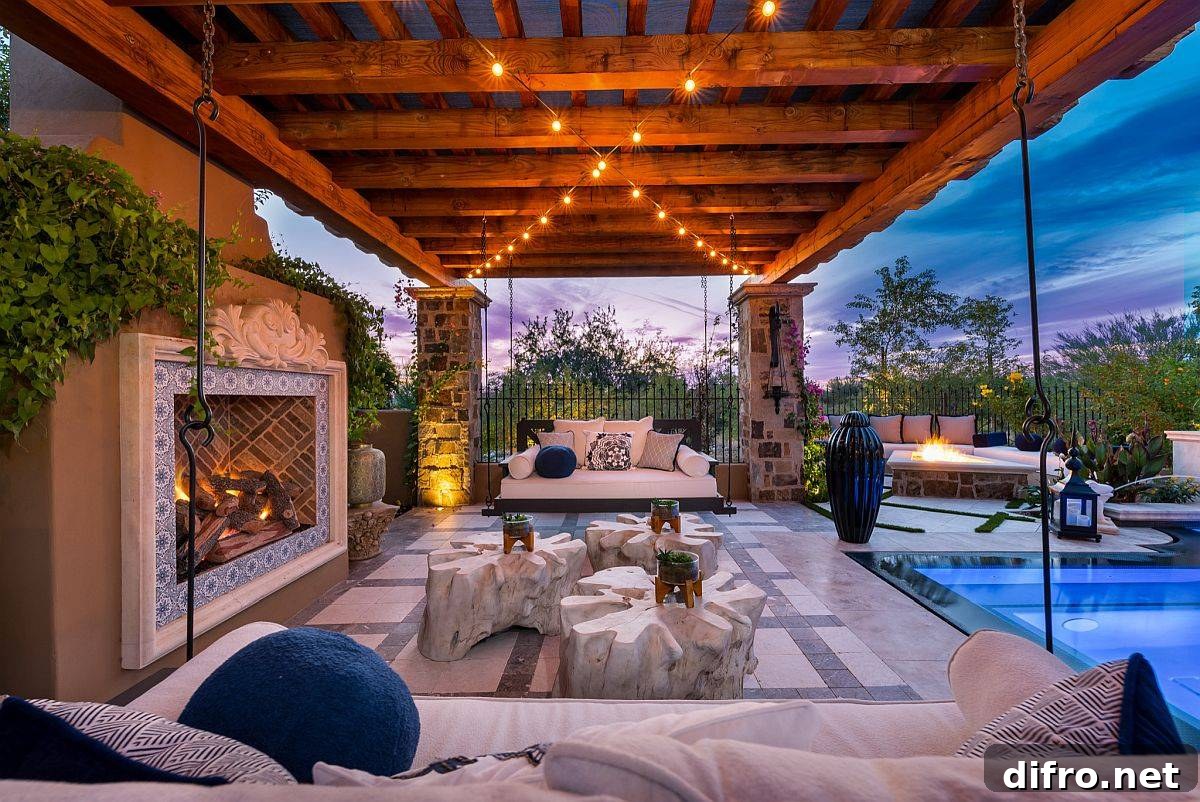 Shabby-chic porch with lighting and fireplace