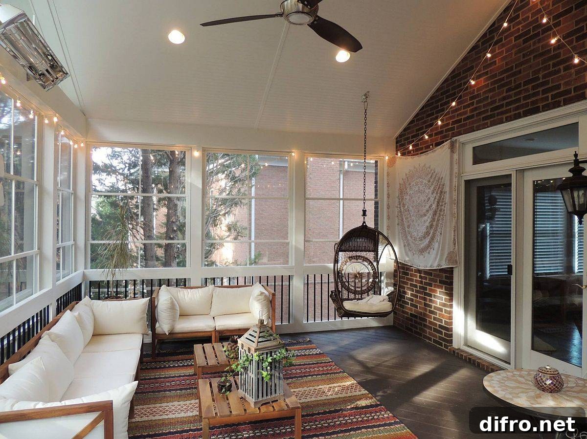 Screened-in porch with brick walls and shabby-chic style